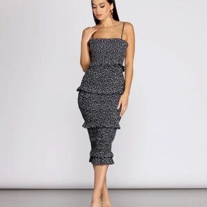 Navy Floral Ruffle Midi Dress